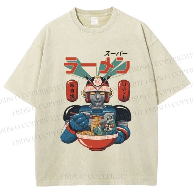Unisex Vintage Japanese Ramen Senshi Printed Washed Tee