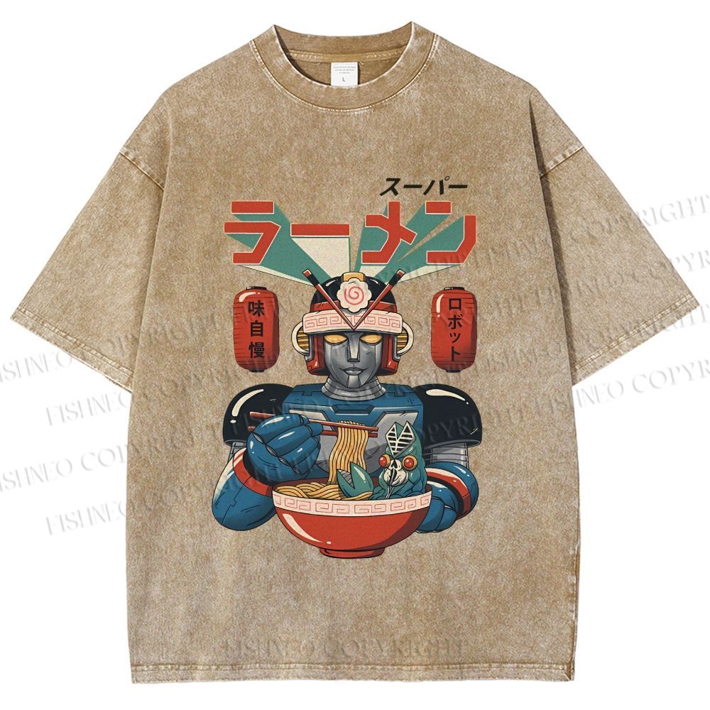 Unisex Vintage Japanese Ramen Senshi Printed Washed Tee
