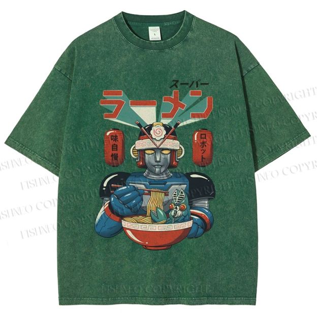 Unisex Vintage Japanese Ramen Senshi Printed Washed Tee