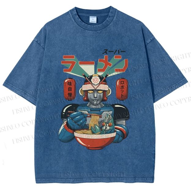 Unisex Vintage Japanese Ramen Senshi Printed Washed Tee