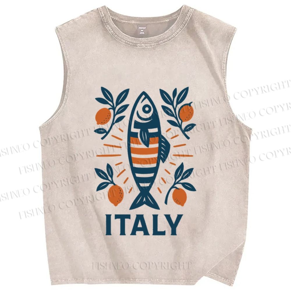 Unisex Vintage Italy Sardine Fish Printed Washed Tank Top