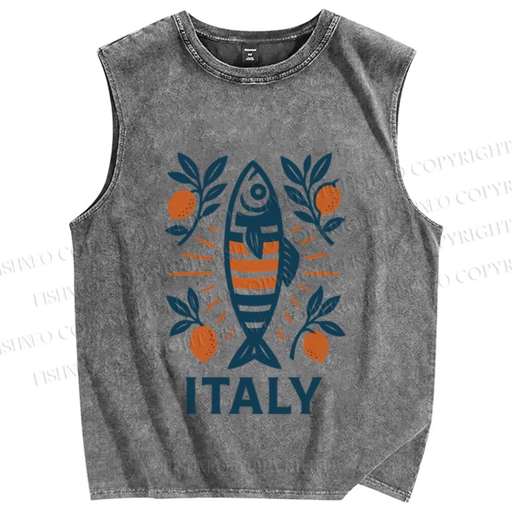 Unisex Vintage Italy Sardine Fish Printed Washed Tank Top
