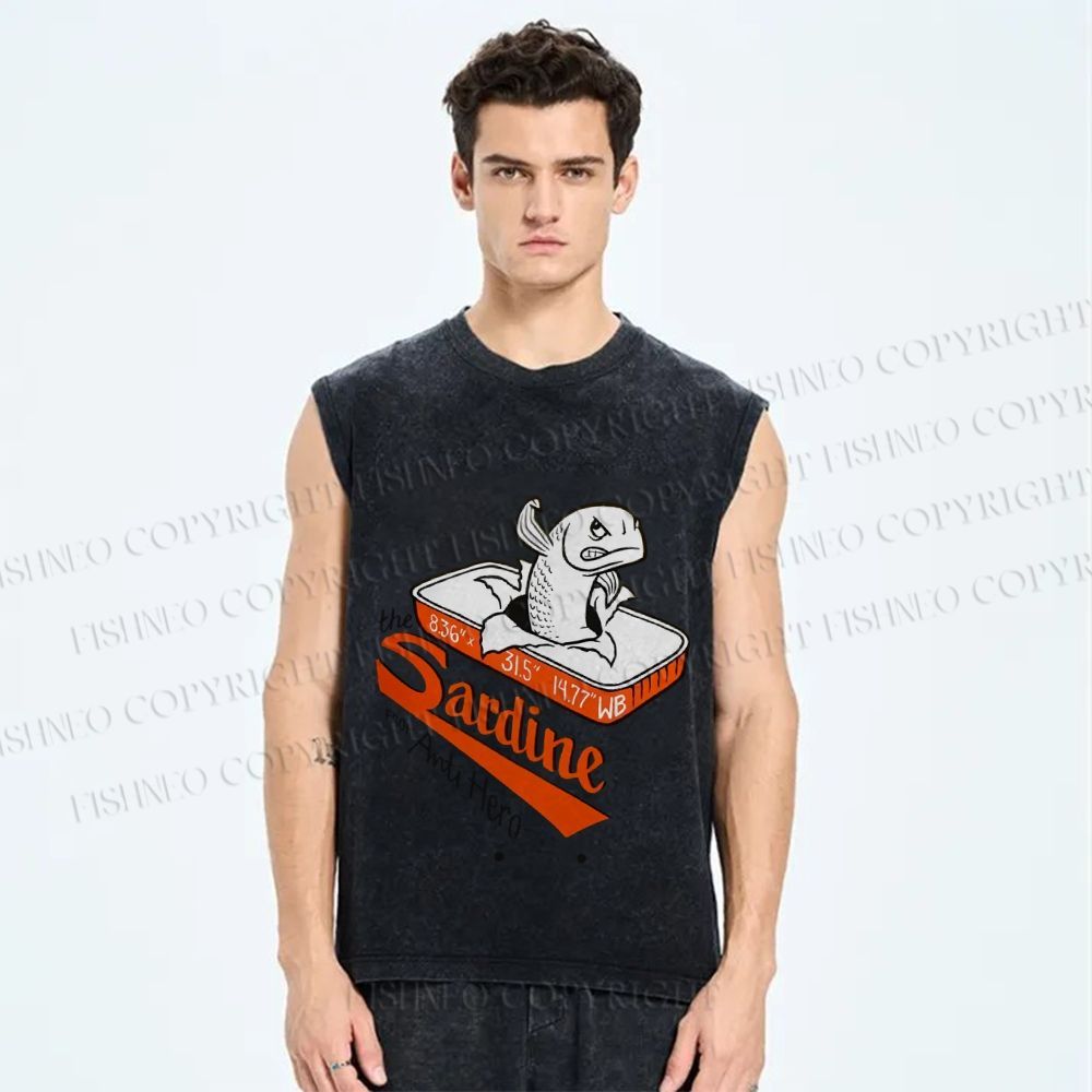 Unisex Sardine Printed Washed Tank Top