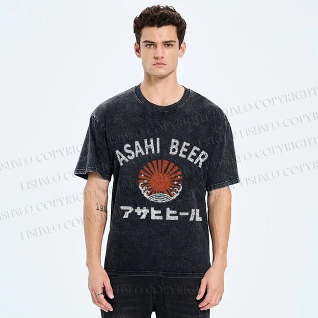 Unisex Asahi Beer Wave Vintage Printed Washed Tee