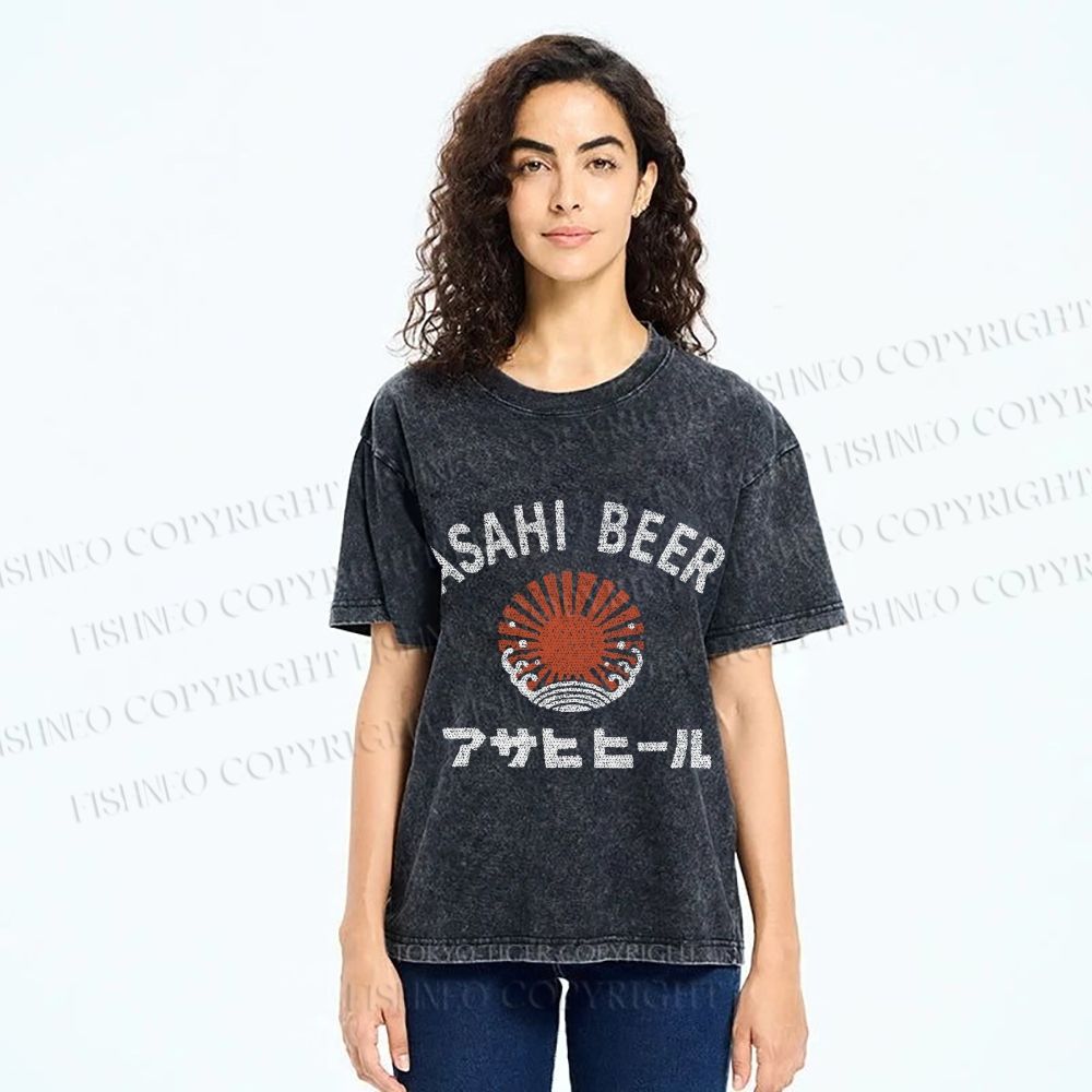 Unisex Asahi Beer Wave Vintage Printed Washed Tee