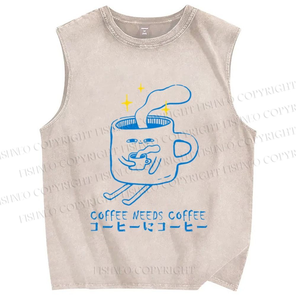 Unisex Coffee Needs Coffee Japanese Printed Washed Tank Top