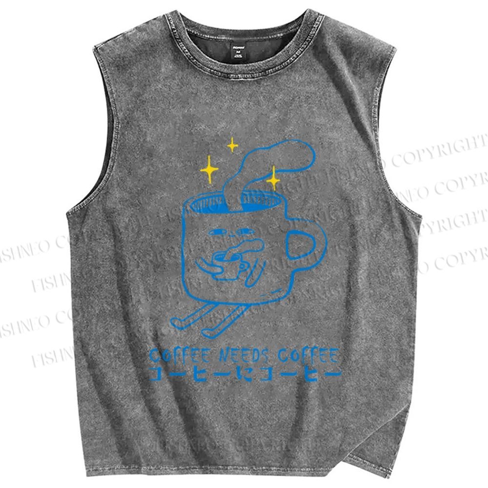 Unisex Coffee Needs Coffee Japanese Printed Washed Tank Top
