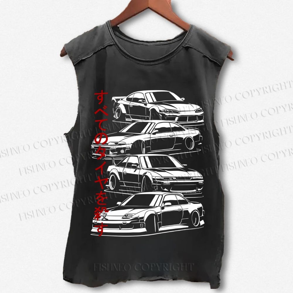 Unisex Japanese Sports Car Printed Washed Tank Top