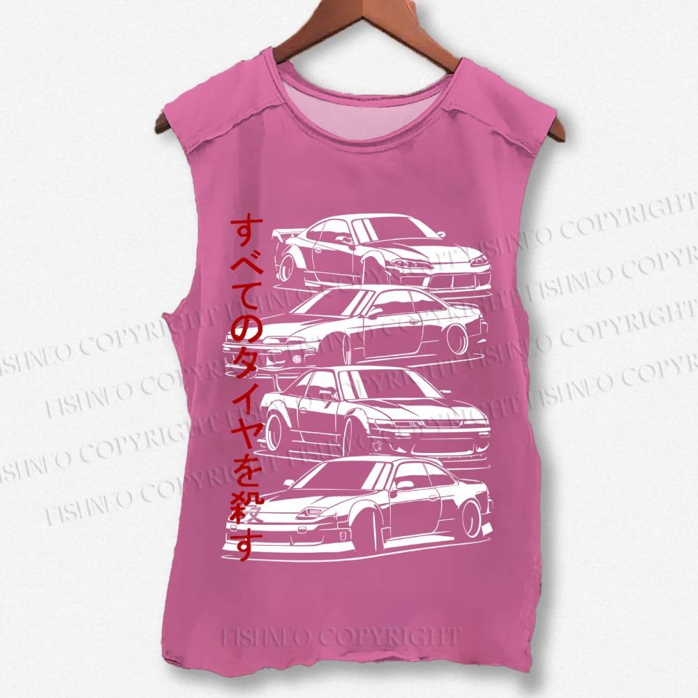 Unisex Japanese Sports Car Printed Washed Tank Top