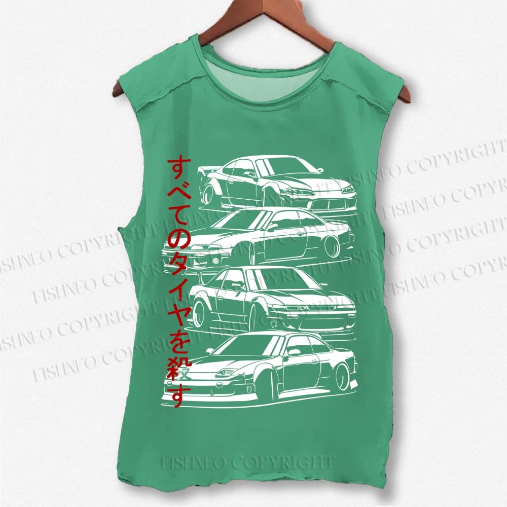 Unisex Japanese Sports Car Printed Washed Tank Top