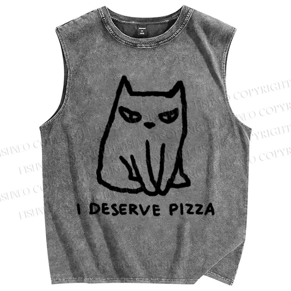 Unisex I Deserve Pizza Cat Printed Washed Tank Top