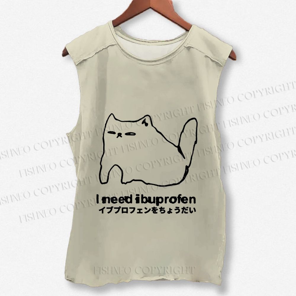 Unisex I need ibuprofen Cat Vintage Printed Washed Tank Top