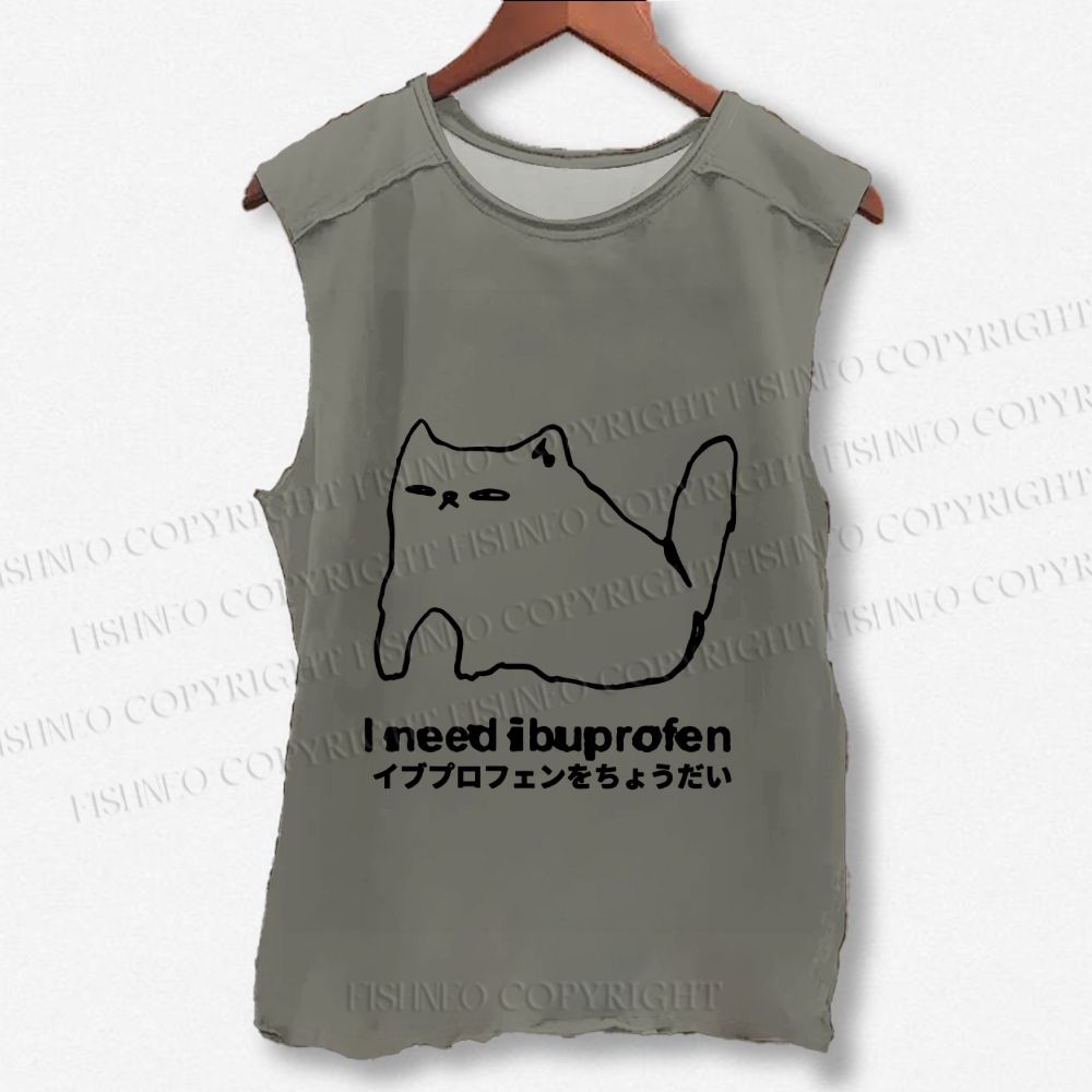 Unisex I need ibuprofen Cat Vintage Printed Washed Tank Top