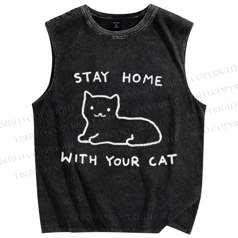 Unisex Stay Home With Your Cat Printed Washed Tank Top