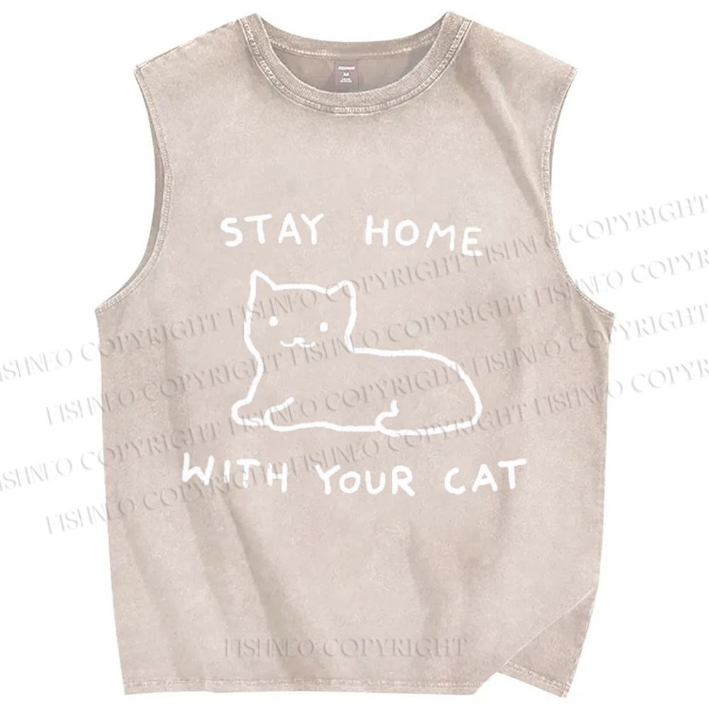 Unisex Stay Home With Your Cat Printed Washed Tank Top