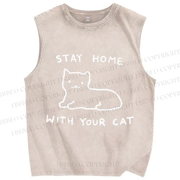 Unisex Stay Home With Your Cat Printed Washed Tank Top