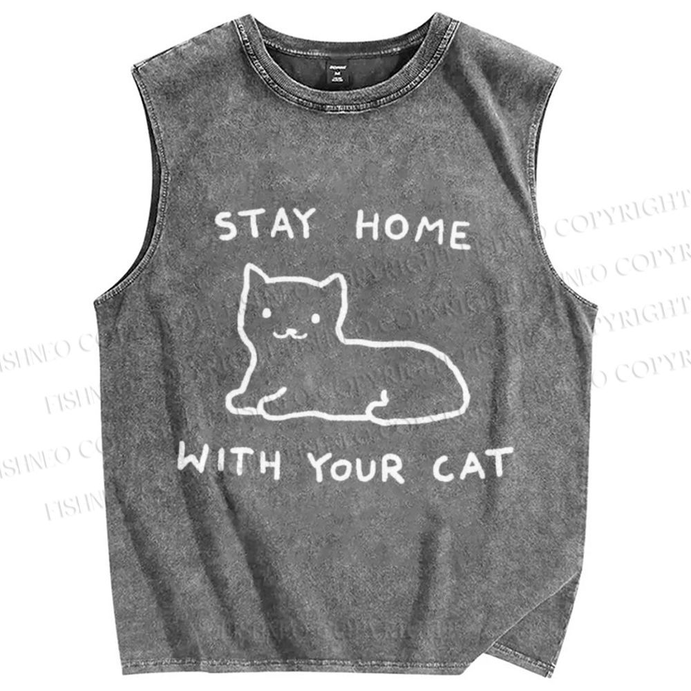 Unisex Stay Home With Your Cat Printed Washed Tank Top