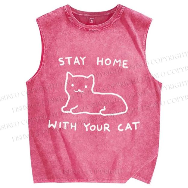 Unisex Stay Home With Your Cat Printed Washed Tank Top