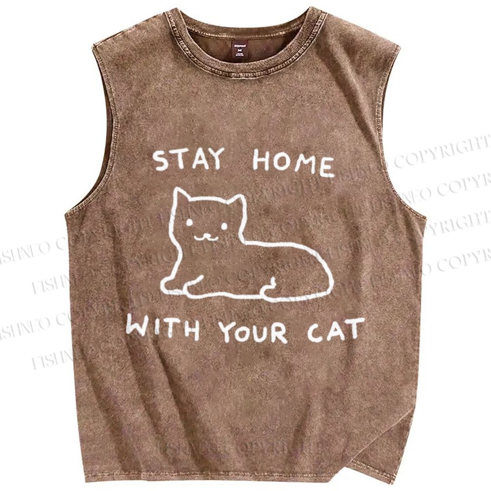 Unisex Stay Home With Your Cat Printed Washed Tank Top