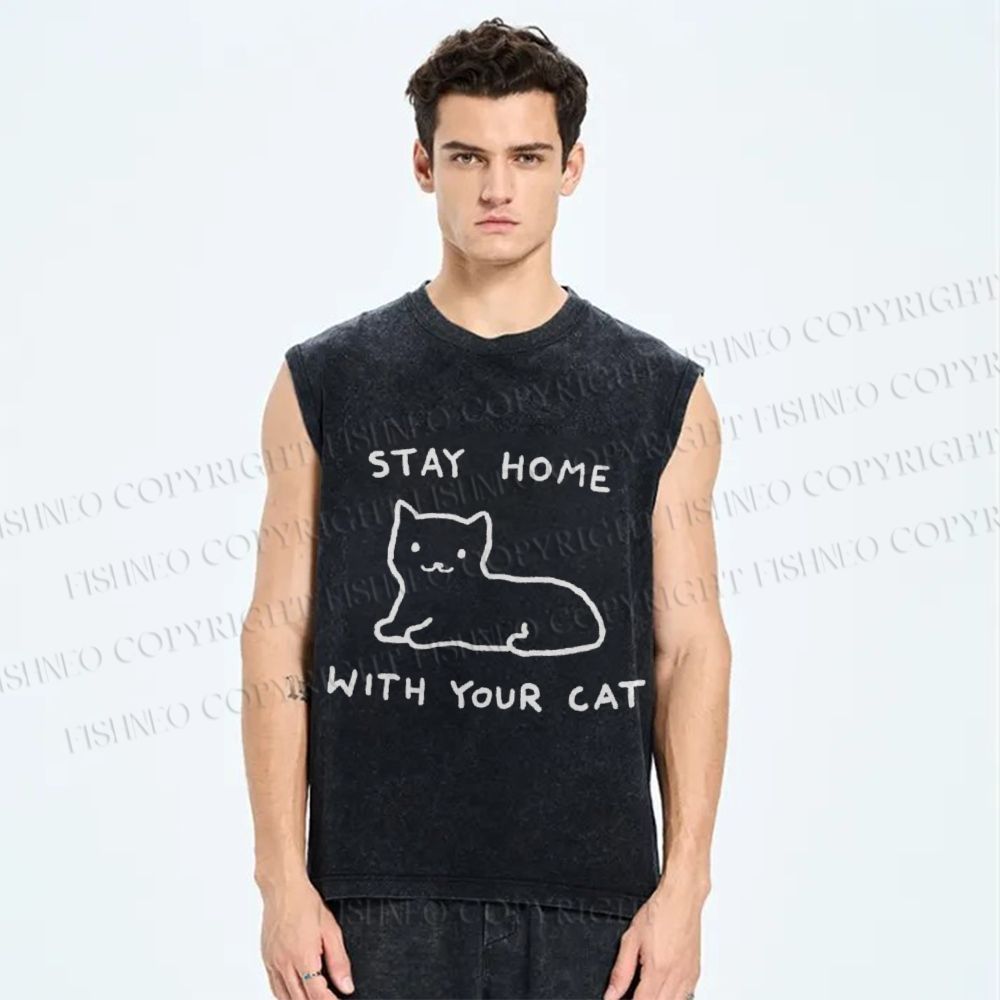 Unisex Stay Home With Your Cat Printed Washed Tank Top