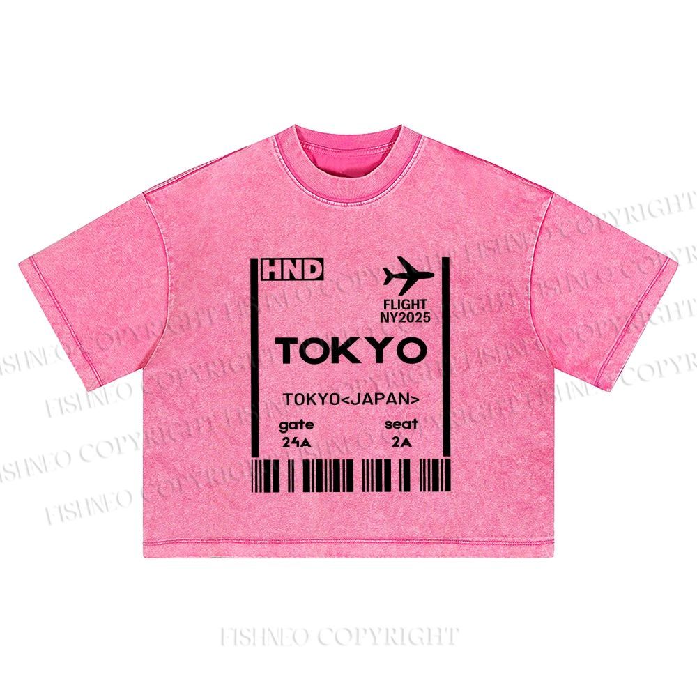Tokyo Boarding Card Vintage Washed Cropped T-Shirt