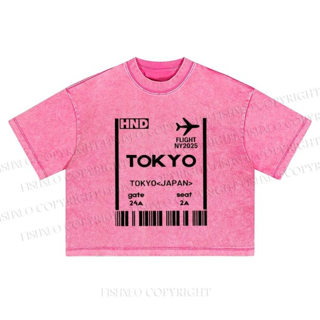 Tokyo Boarding Card Vintage Washed Cropped T-Shirt