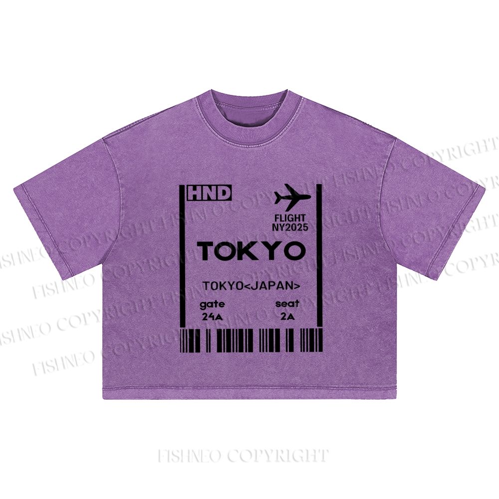 Tokyo Boarding Card Vintage Washed Cropped T-Shirt
