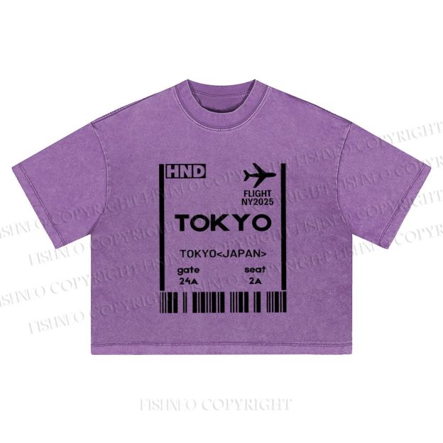 Tokyo Boarding Card Vintage Washed Cropped T-Shirt