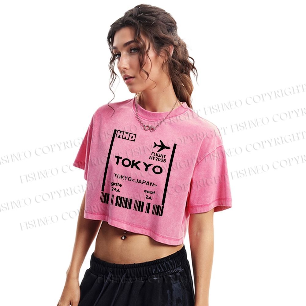 Tokyo Boarding Card Vintage Washed Cropped T-Shirt