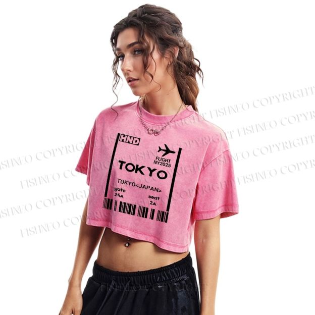 Tokyo Boarding Card Vintage Washed Cropped T-Shirt