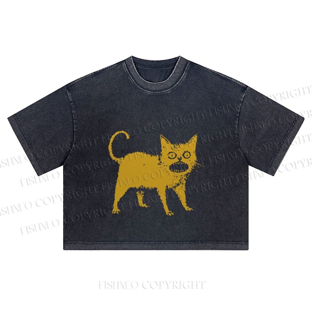 Horrible Japanese Cat Vintage Washed Cropped T-Shirt