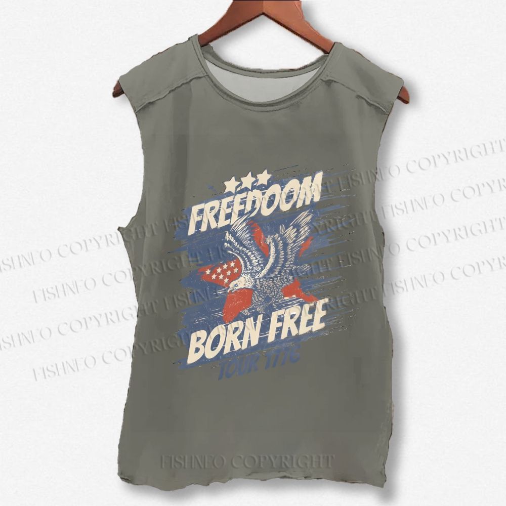 Unisex Vintage Eagle Born Free Independence Day Printed Washed Tank Top