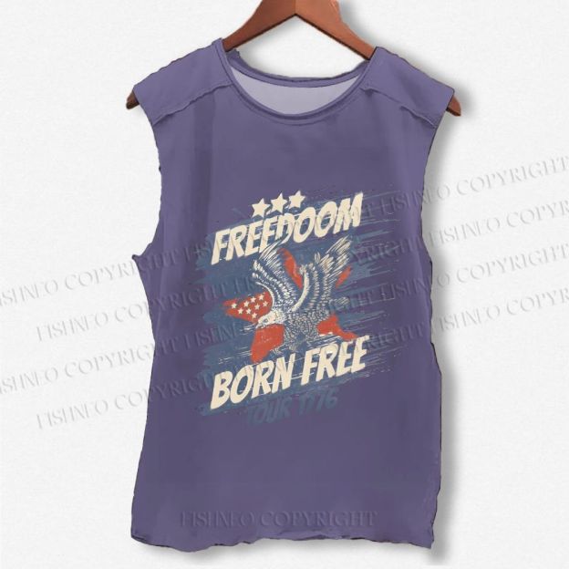 Unisex Vintage Eagle Born Free Independence Day Printed Washed Tank Top