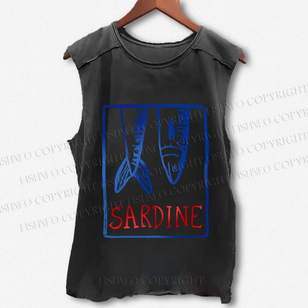 Unisex Vintage Sardine Fish In Box Printed Washed Tank Top