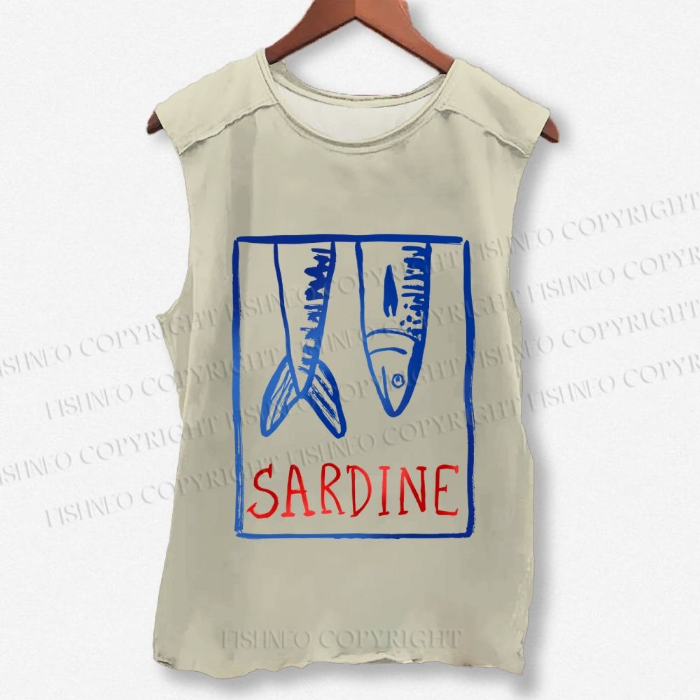 Unisex Vintage Sardine Fish In Box Printed Washed Tank Top