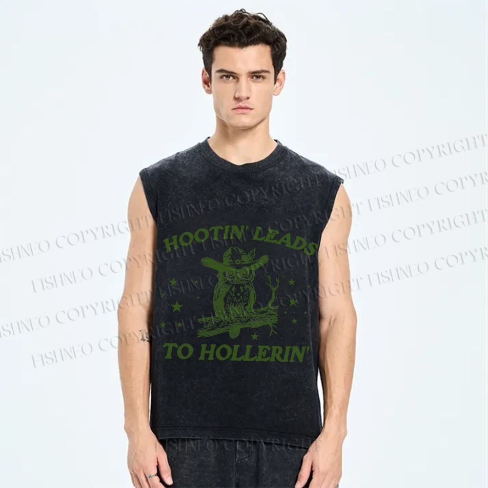 Unisex Vintage Hooting Leads Owl Printed Washed Tank Top