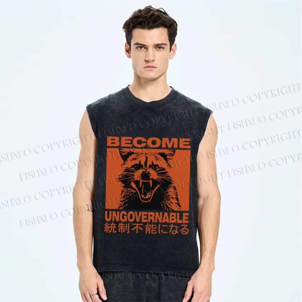 Unisex Ungovernable Raccoon Printed Washed Tank Top