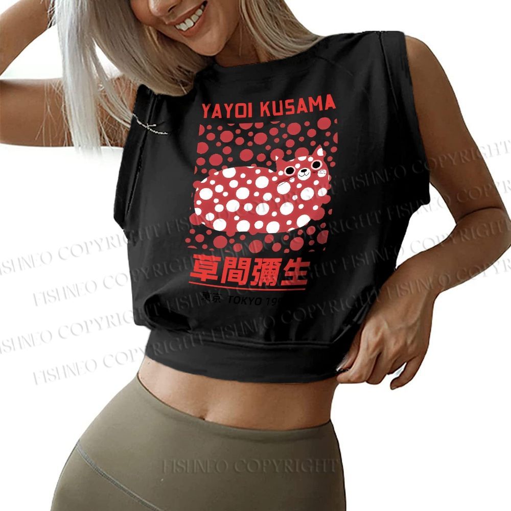 Kusama Cat Vintage Wash Japanese Design Sleeveless Crop Top