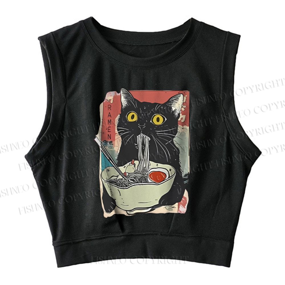 Cute Cat Eating Ramen Sleeveless Crop Top
