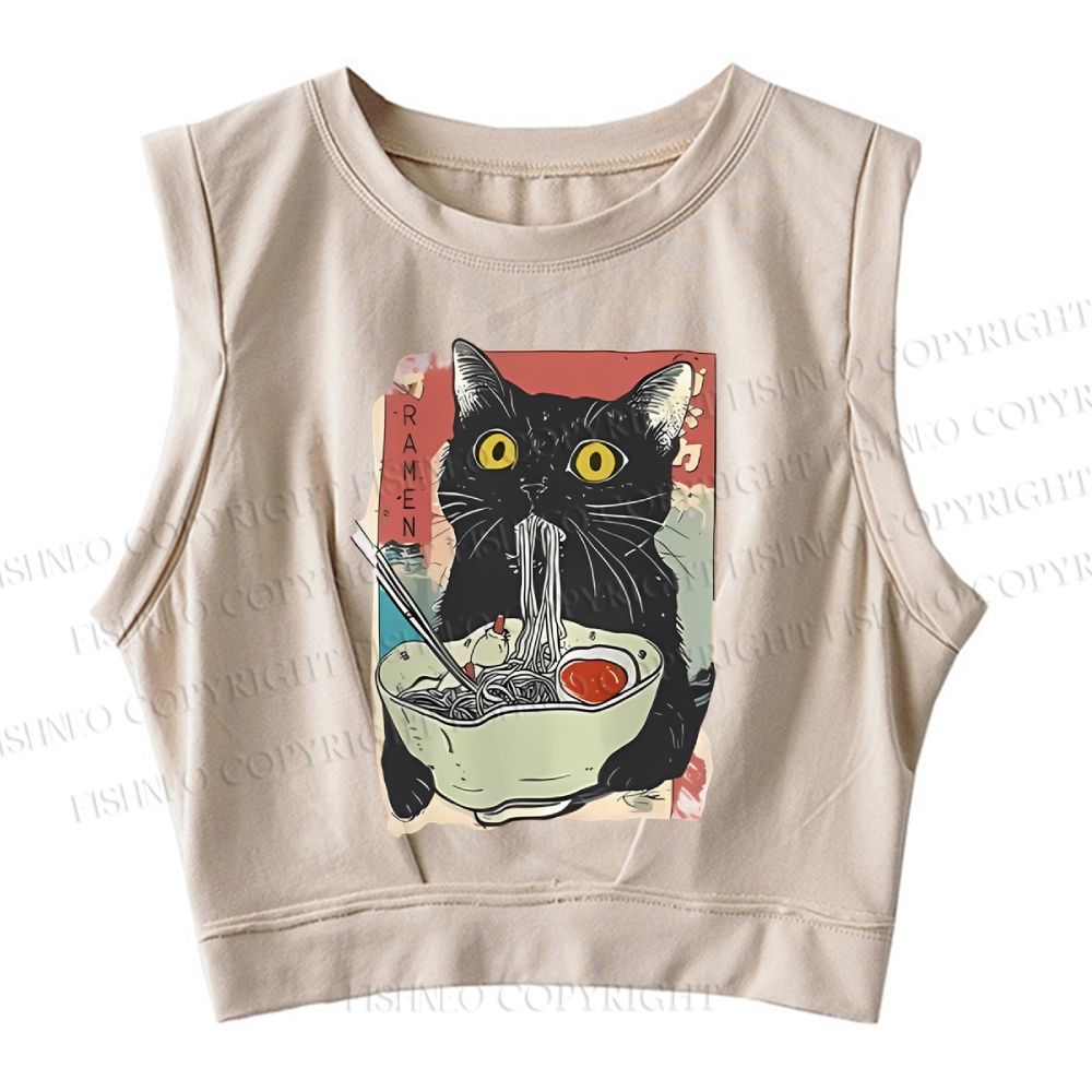 Cute Cat Eating Ramen Sleeveless Crop Top