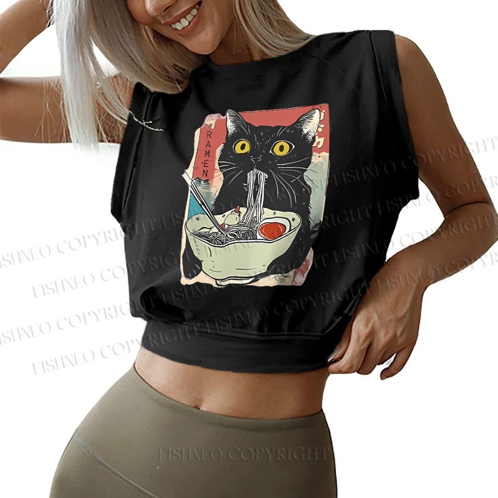 Cute Cat Eating Ramen Sleeveless Crop Top