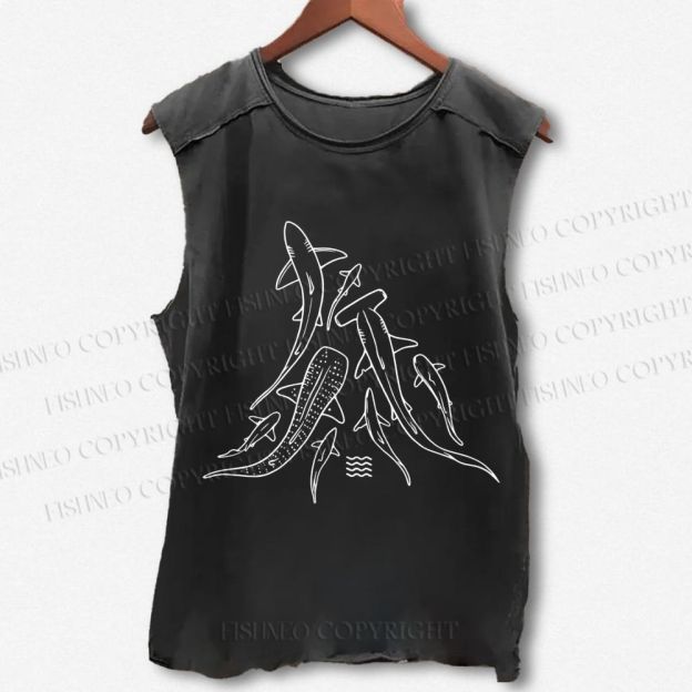 Unisex Fish Shark Whale Printed Washed Tank Top