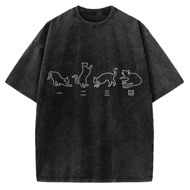 One Two Three Cat Japanese Kanji Vintage Washed T-shirt