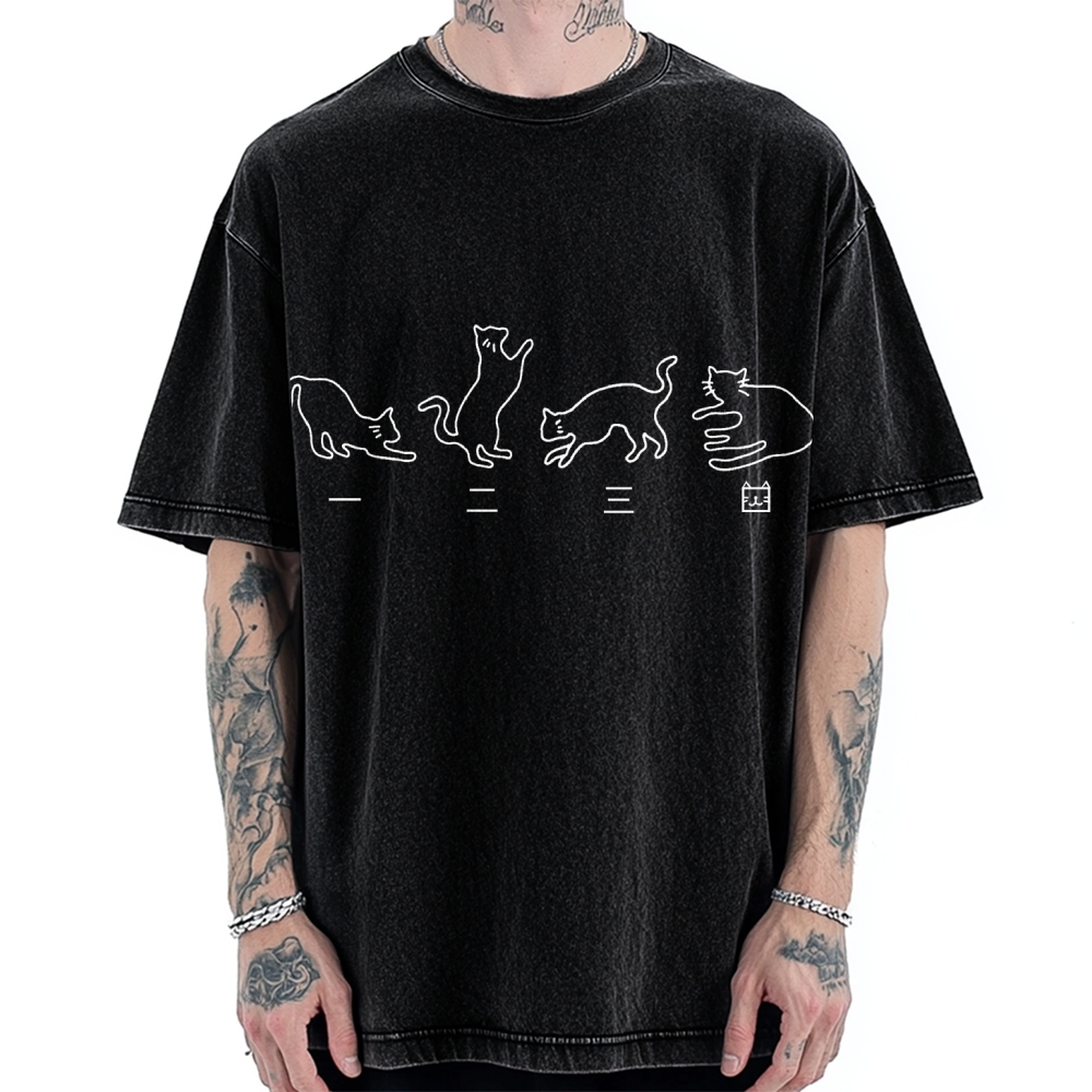 One Two Three Cat Japanese Kanji Vintage Washed T-shirt