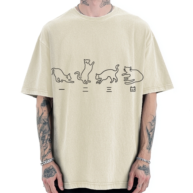 One Two Three Cat Japanese Kanji Vintage Washed T-shirt