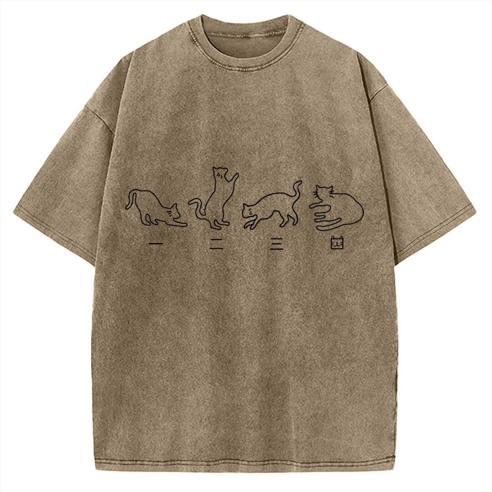 One Two Three Cat Japanese Kanji Vintage Washed T-shirt