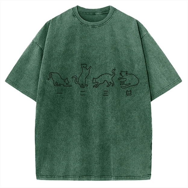One Two Three Cat Japanese Kanji Vintage Washed T-shirt