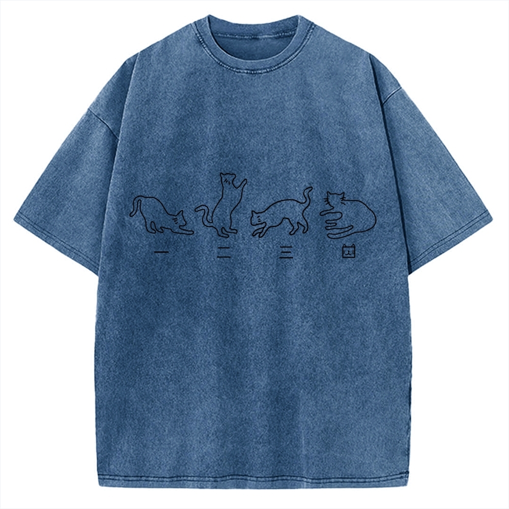 One Two Three Cat Japanese Kanji Vintage Washed T-shirt
