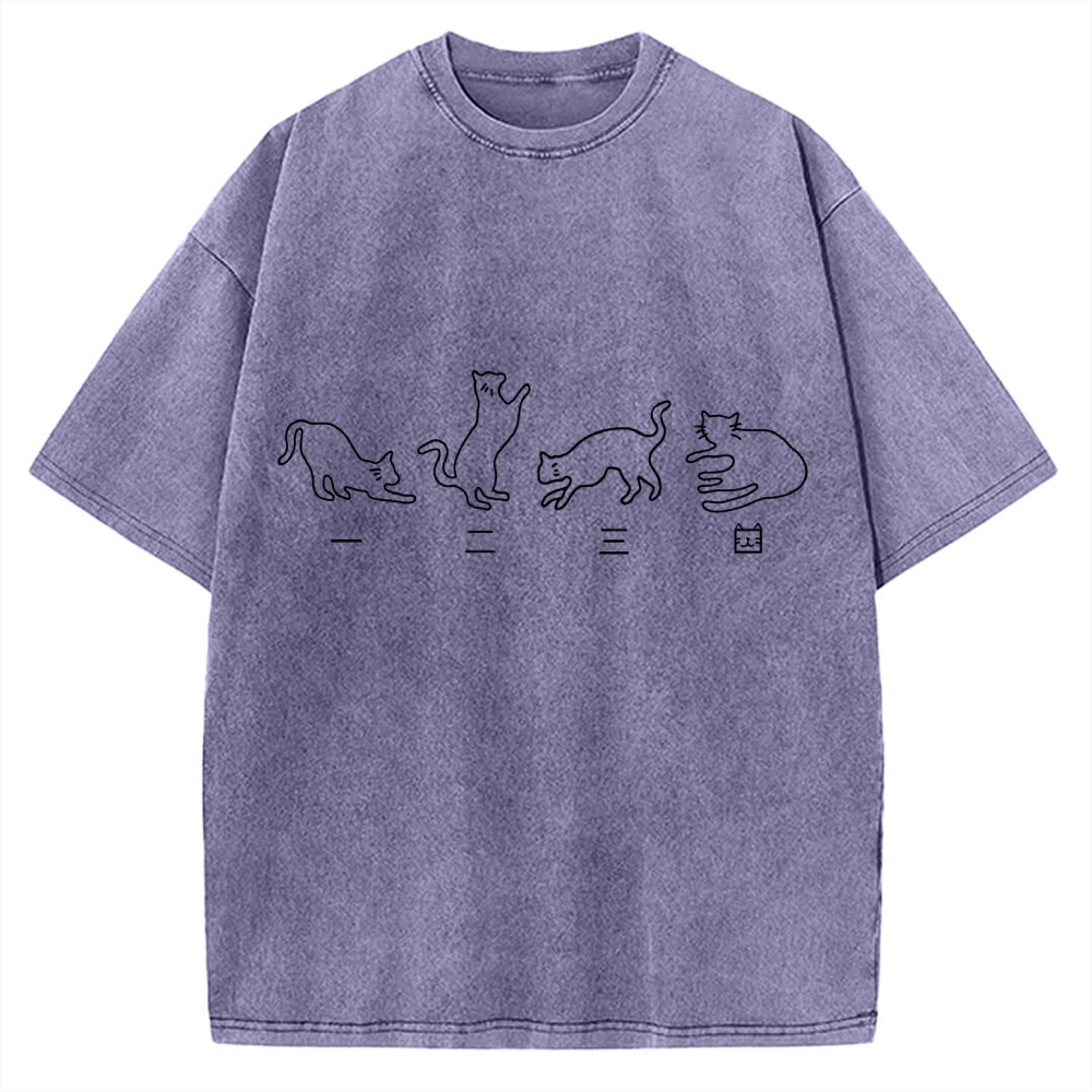 One Two Three Cat Japanese Kanji Vintage Washed T-shirt