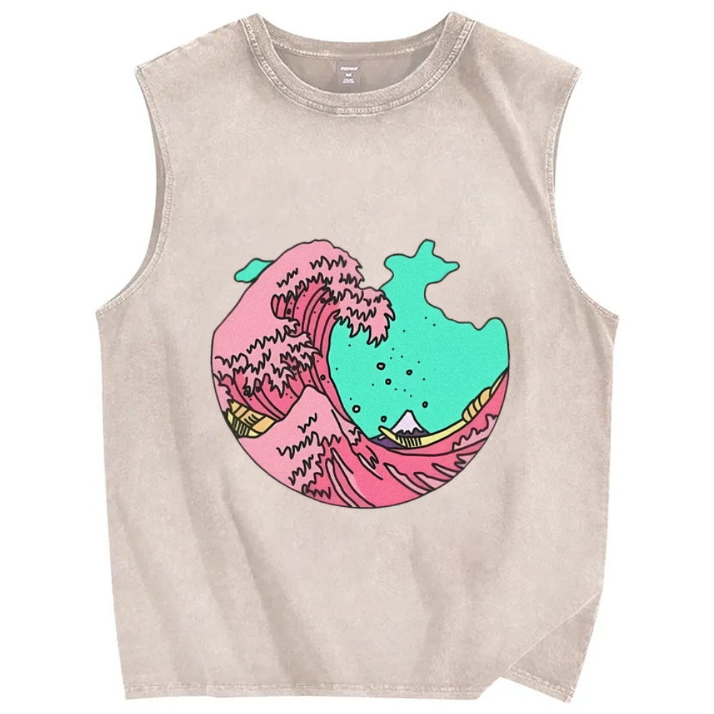 Pink waves of Kanagawa Vintage Distressed Washed Tank Top